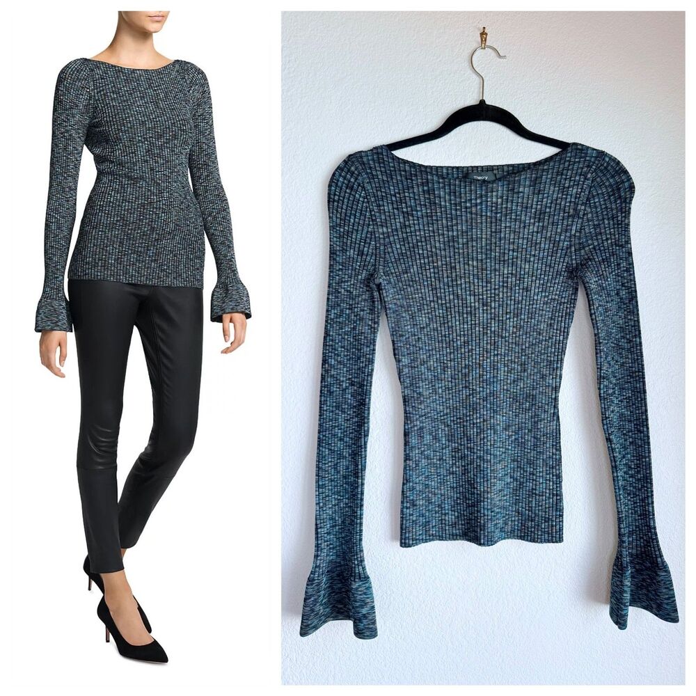NWT Theory Boatneck Space Dye Flare Sleeve Sweater in Black Multi Cabled Print P
